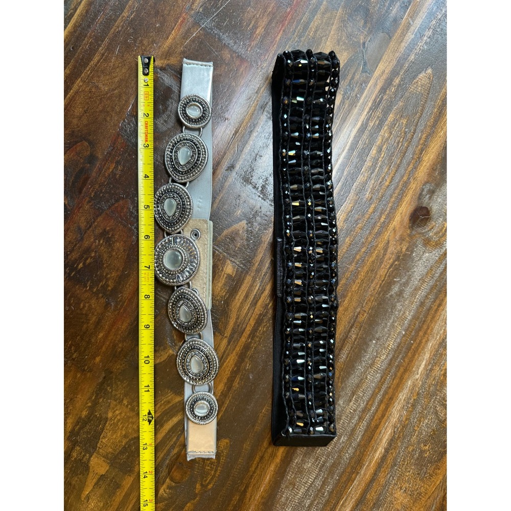 Set of 2 Women Elastic Cinch Belts Black Beaded & Silver Medallion Boho Retro - Picture 4 of 13